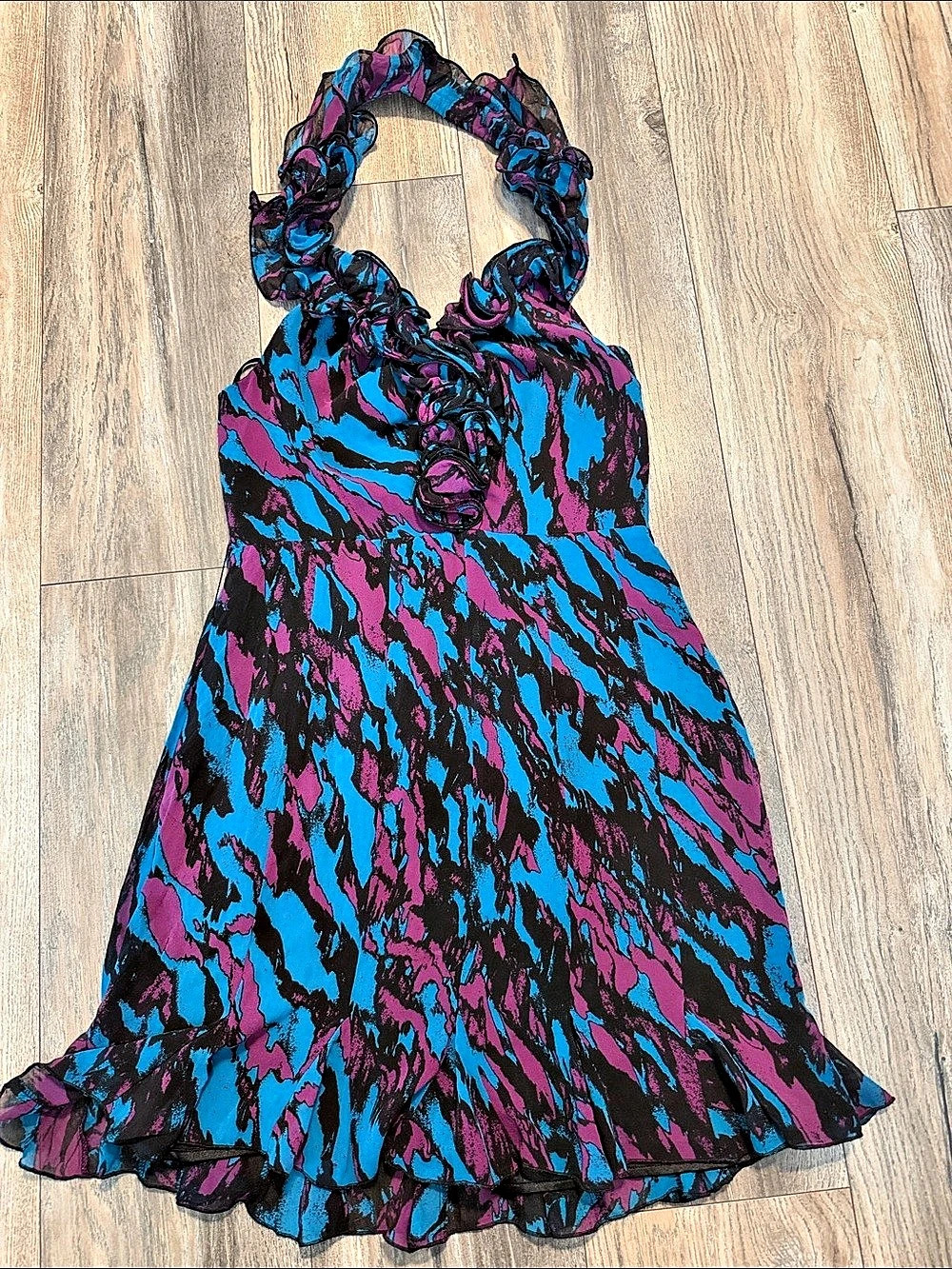 bebe Vintage Y2K Blue and Purple Abstract Pattern Ruffle Halter Dress Abstract